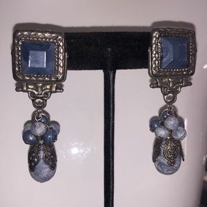 Vintage Denim Blue /Antiqued Silver Dangling Bead Earrings-Boutique